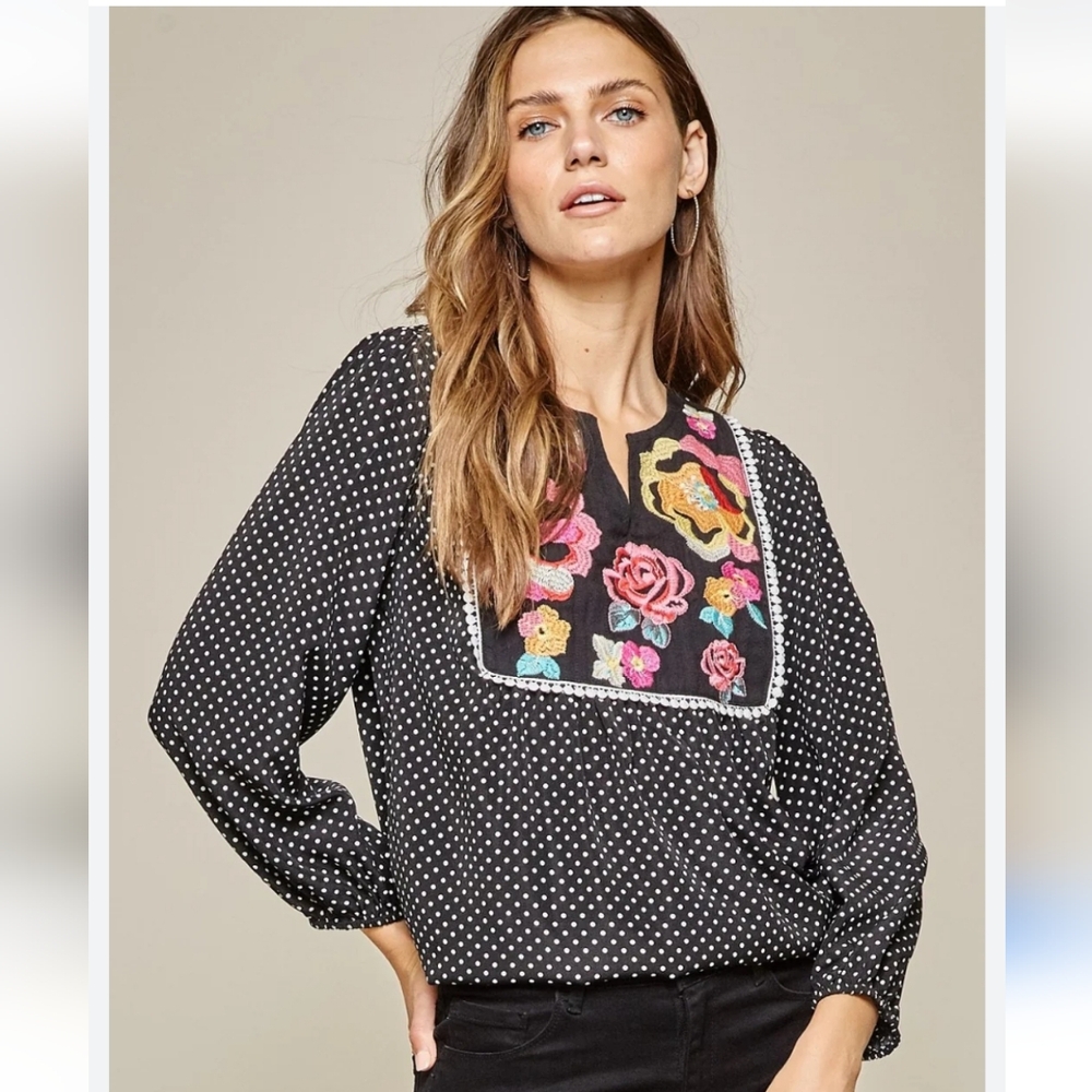 Savanna Jane Black Polka Dot Blouse with Floral Embroidery